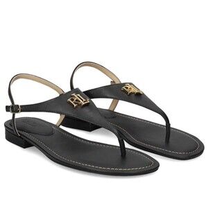 Lauren Ralph Lauren Ellington Sandals Womens 9.5 Black Leather Gold LRL Logo